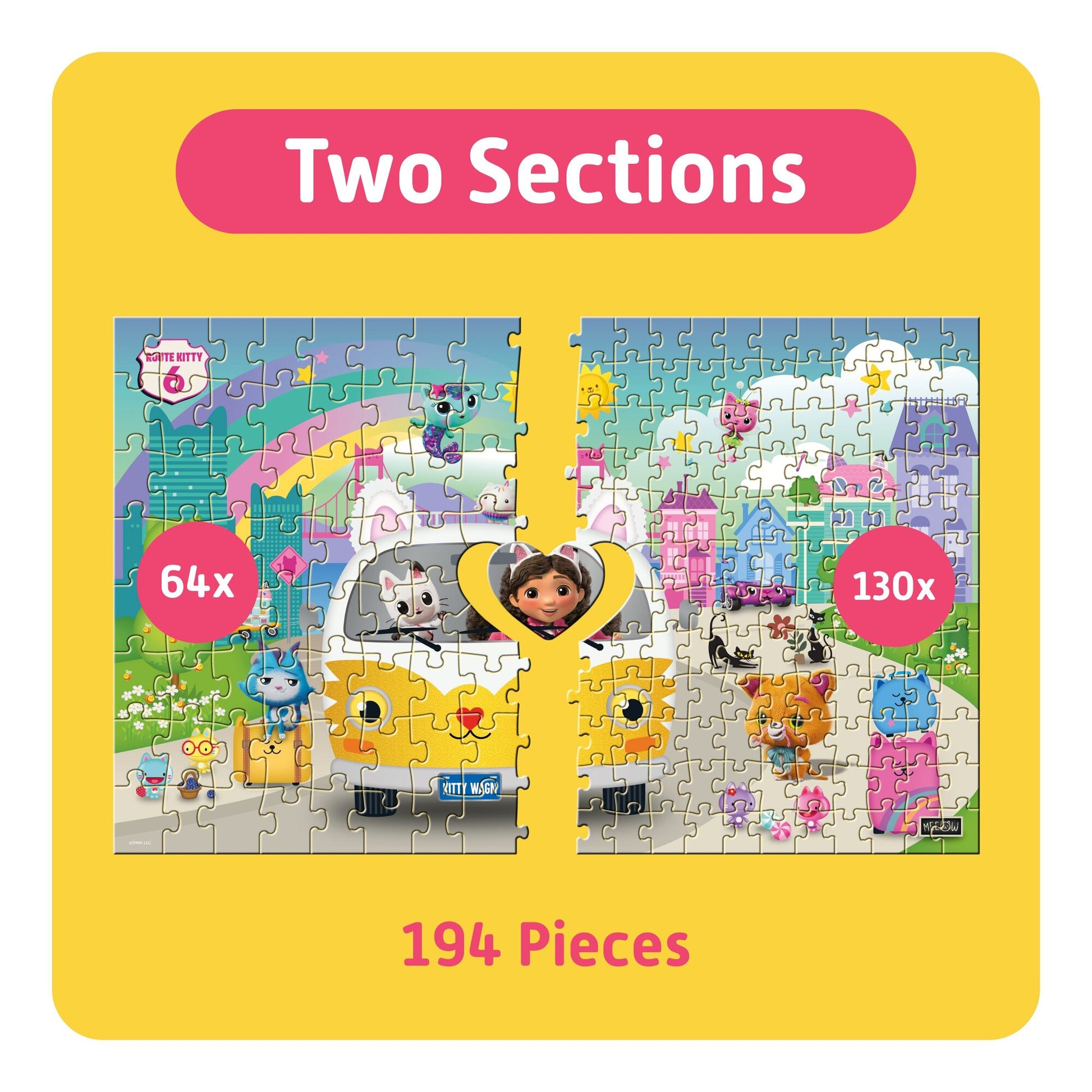 Gabby's Dollhouse 194-piece puzzle set with 64x and 130x piece sections for kids
