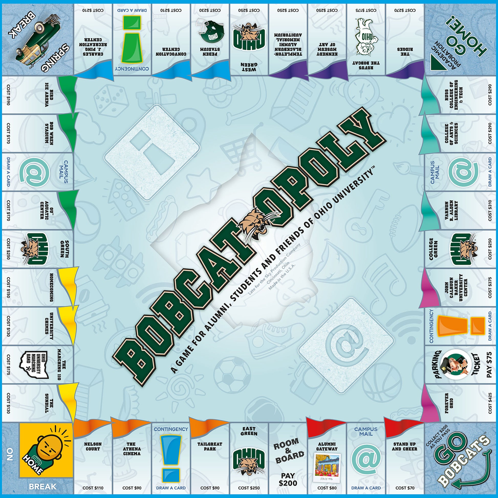 Bobcat-Opoly Ohio University board game with green and gold themed spaces, game pieces, and cards for 2-5 players age...