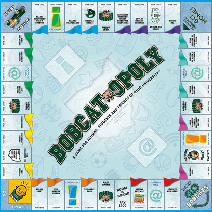 Bobcat-Opoly Ohio University board game with green and gold themed spaces, game pieces, and cards for 2-5 players age...