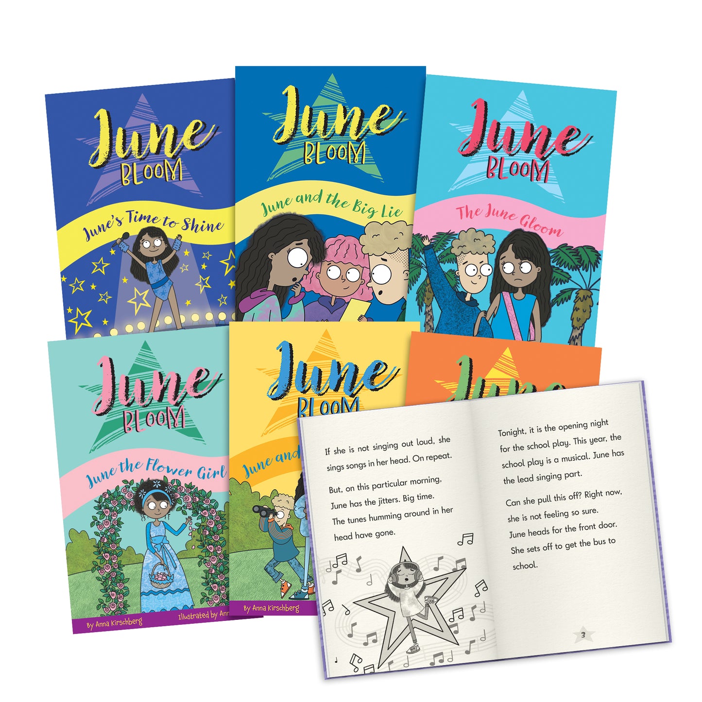 Six colorful June Bloom decodable books fanned out with an open book showing interior pages of text and illustrations of a child singing