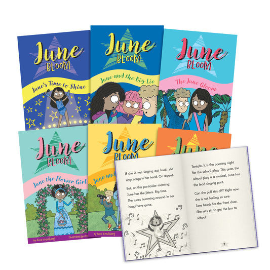 Six colorful June Bloom decodable books fanned out with an open book showing interior pages of text and illustrations of a child singing