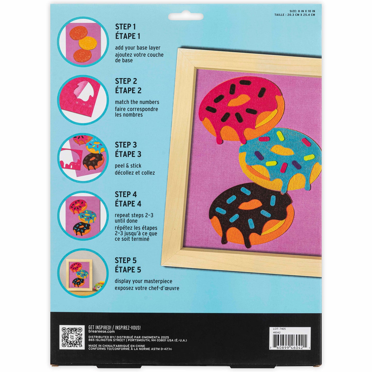 Felt Art Sweet Donuts craft kit with colorful stacked donuts in pink, blue, and black