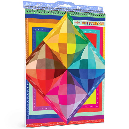 eeBoo Rainbow Colors Sketchbook with spiral binding, featuring a colorful geometric diamond pattern and nested rectangular frames in yellow, red, blue, green, a