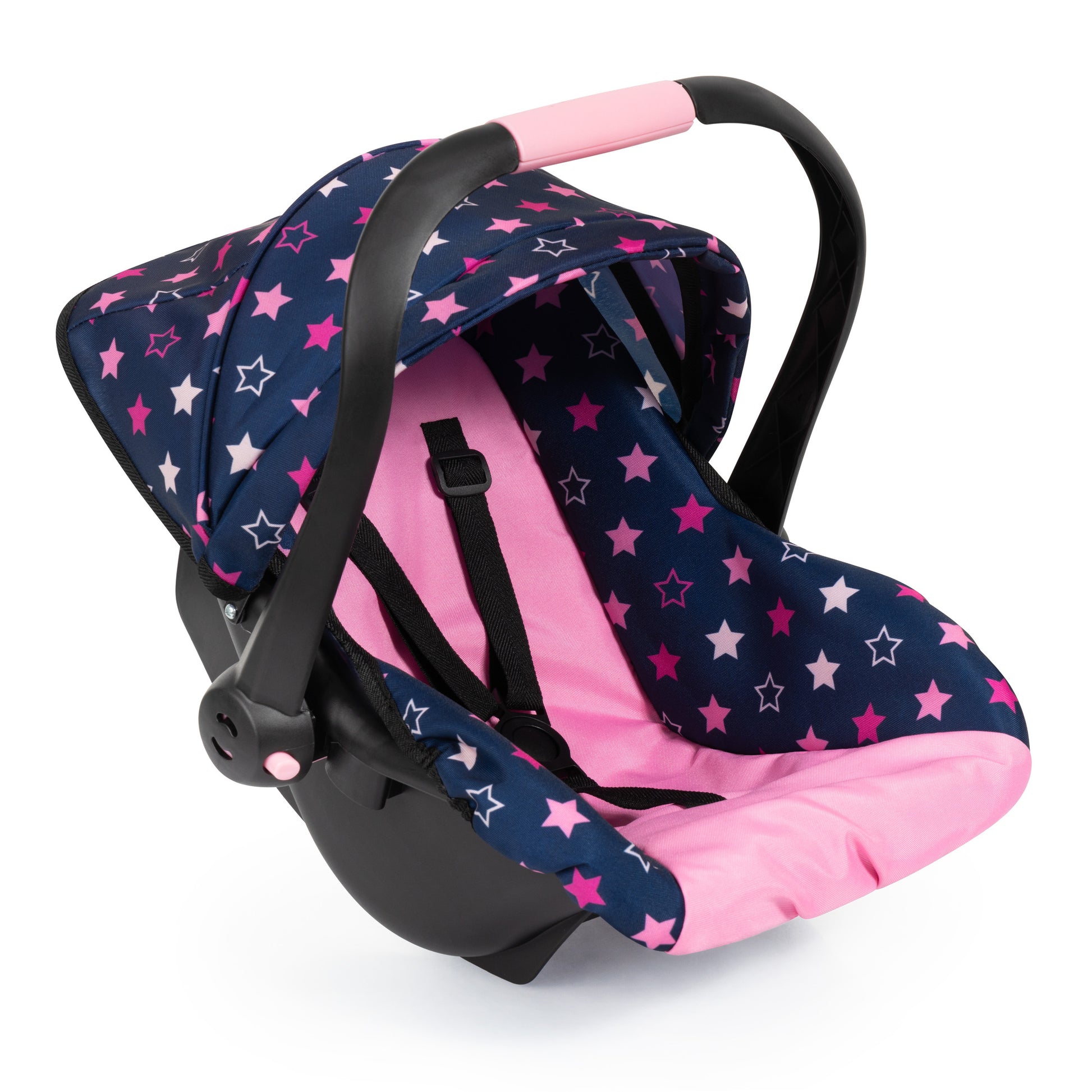 Doll car seat with navy blue fabric featuring pink and white stars, pink interior, black handle with pink grip, and black base