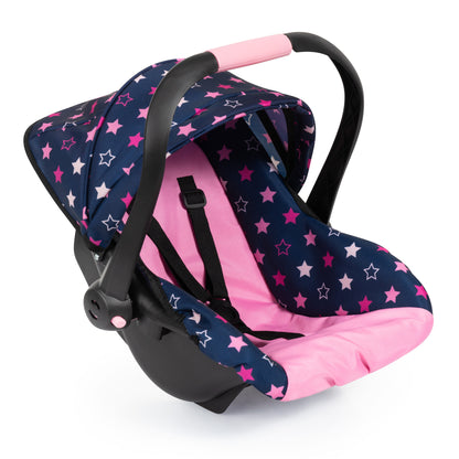 Doll car seat with navy blue fabric featuring pink and white stars, pink interior, black handle with pink grip, and black base