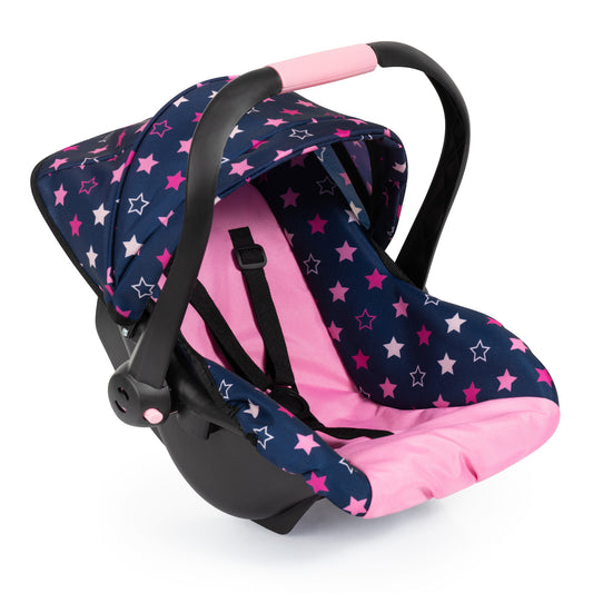 Doll car seat with navy blue fabric featuring pink and white stars, pink interior, black handle with pink grip, and black base