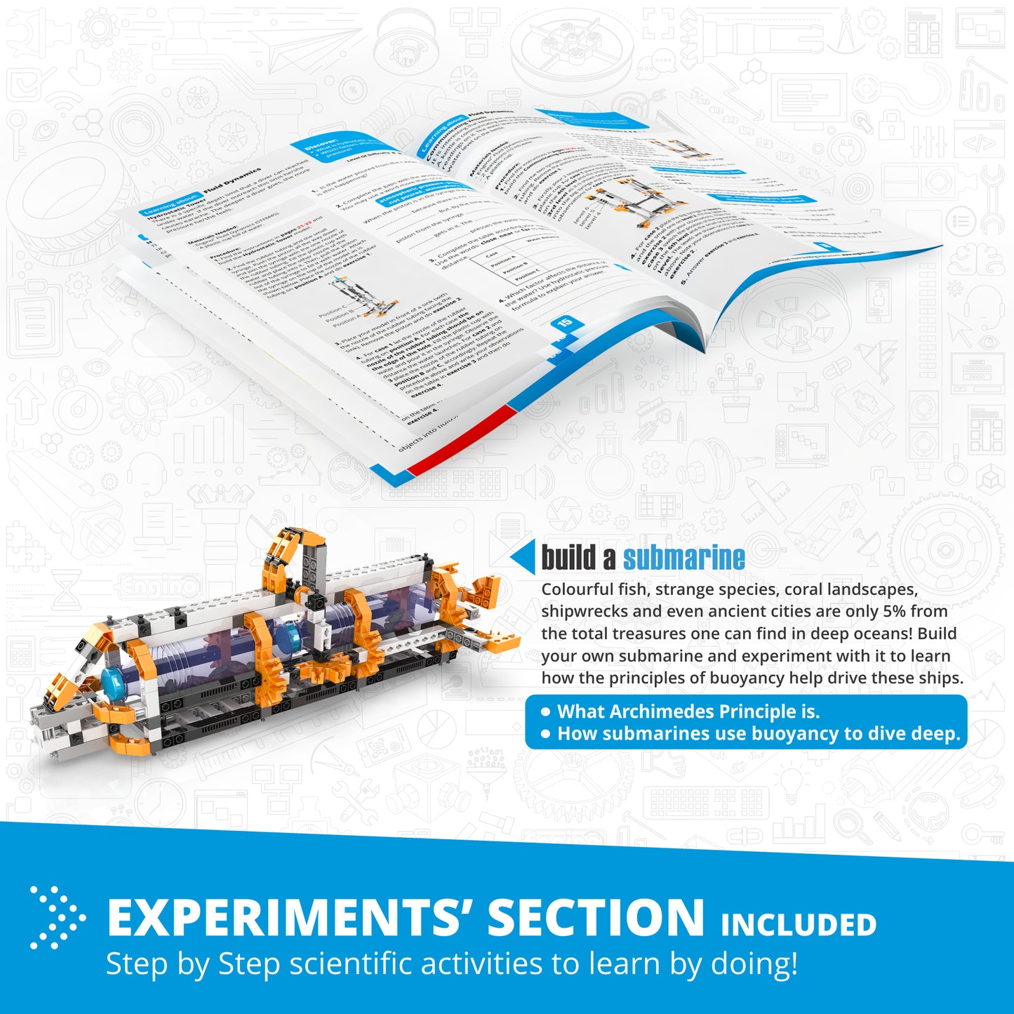 Engino STEM Fluid Dynamics submarine building set with orange and blue pieces and instruction manual