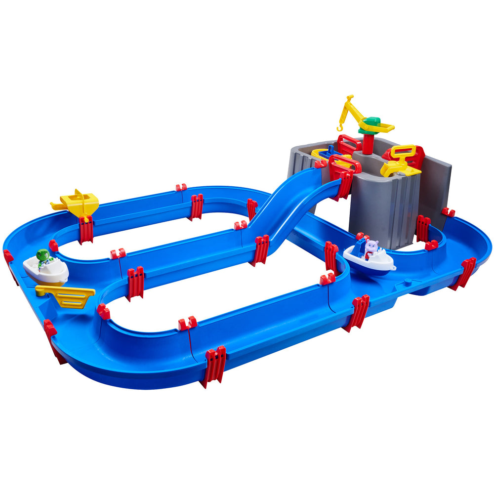AquaPlay Harbor water play set with blue track, red buoys, gray tower, and toy boat