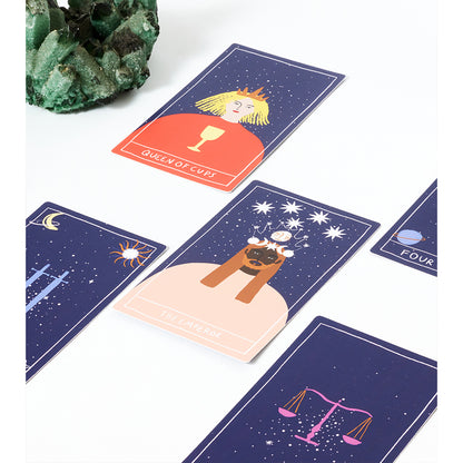 JOS Dream Tarot Cards deck featuring illustrated celestial cards with starry navy backgrounds and colorful designs