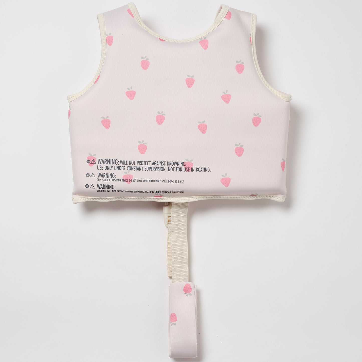 Sunnylife Kids Swim Vest in cream with pink strawberry print, featuring safety strap