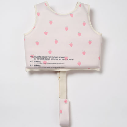 Sunnylife Kids Swim Vest in cream with pink strawberry print, featuring safety strap