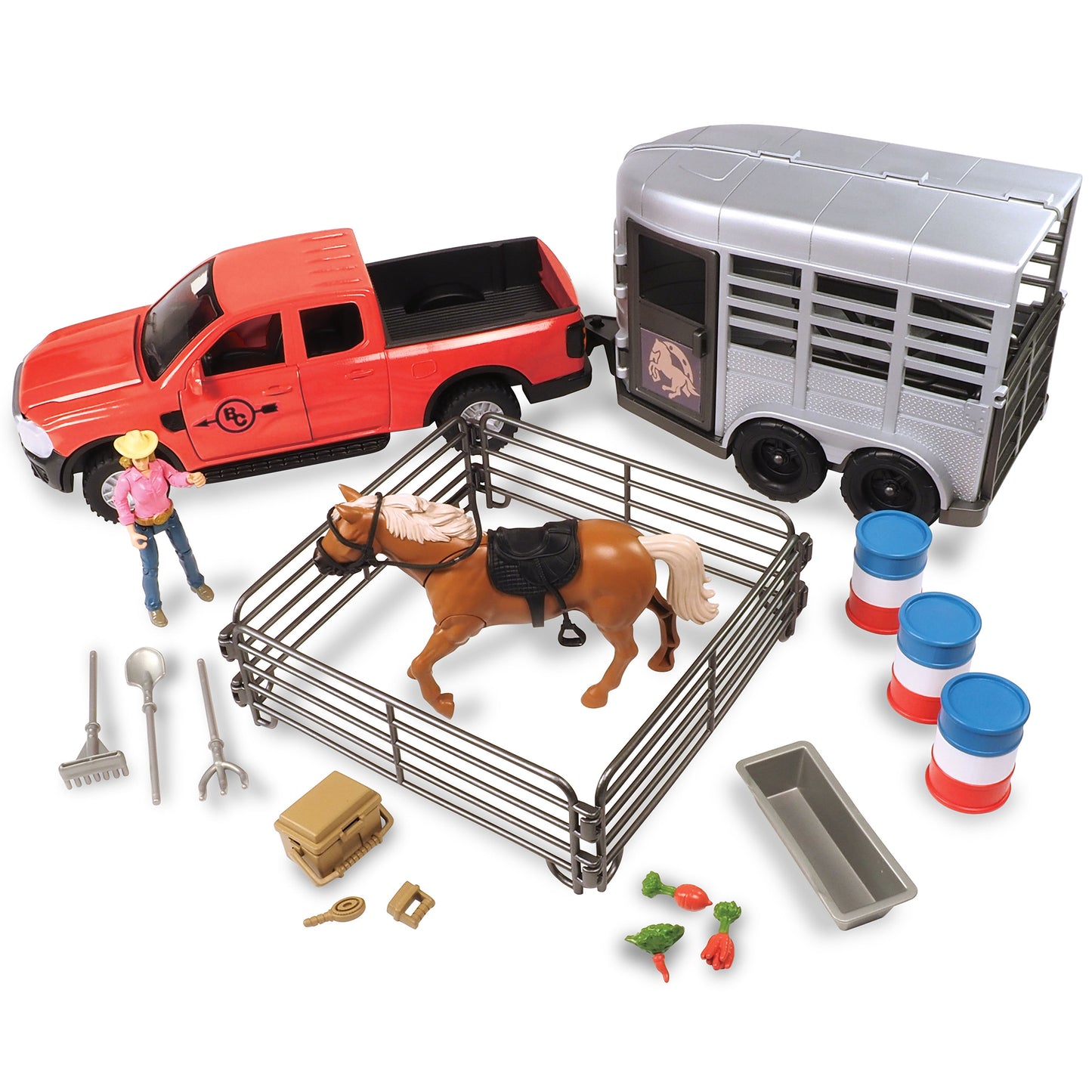 Trailer Playset Truck & Horse 24pc set with red pickup truck, horse trailer, and accessories