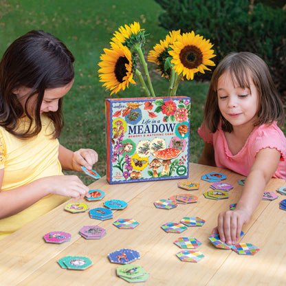 Life in a Meadow Memory & Matching Game with colorful hexagonal tiles and sunflowers, played by two children