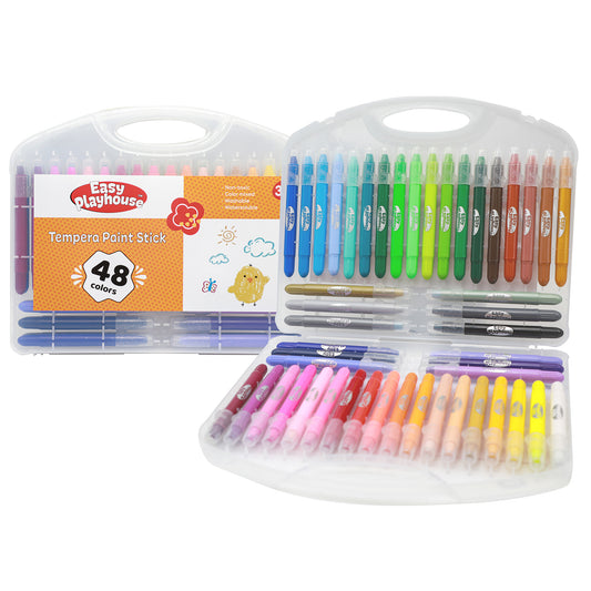 Easy Playhouse Tempera Paint Stick 48-color set in clear carrying case with hinged lid, showing organized rows of paint sticks in assorted colors including blue