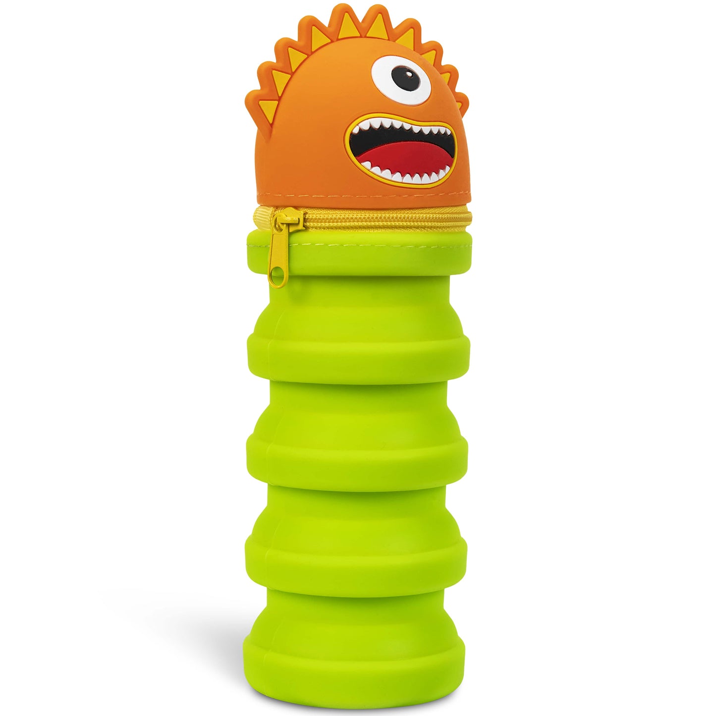 Monster Retractable Silicone Pencil Case with orange spiky head and lime green expandable body