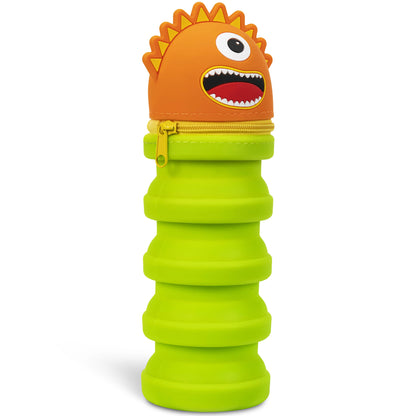 Monster Retractable Silicone Pencil Case with orange spiky head and lime green expandable body