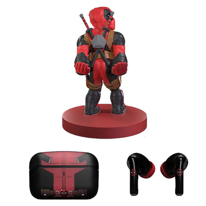 Deadpool action figure on red base with black and red wireless earbuds and charging case