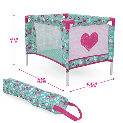Mint Heart Bouncer Doll Play Set with turquoise and pink heart pattern, includes carrying bag
