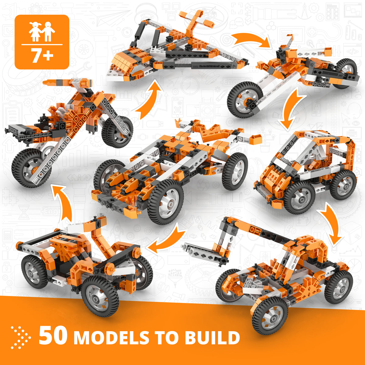 Engino Creative Builder 50-in-1 motorized toy vehicle construction set with orange and black building blocks