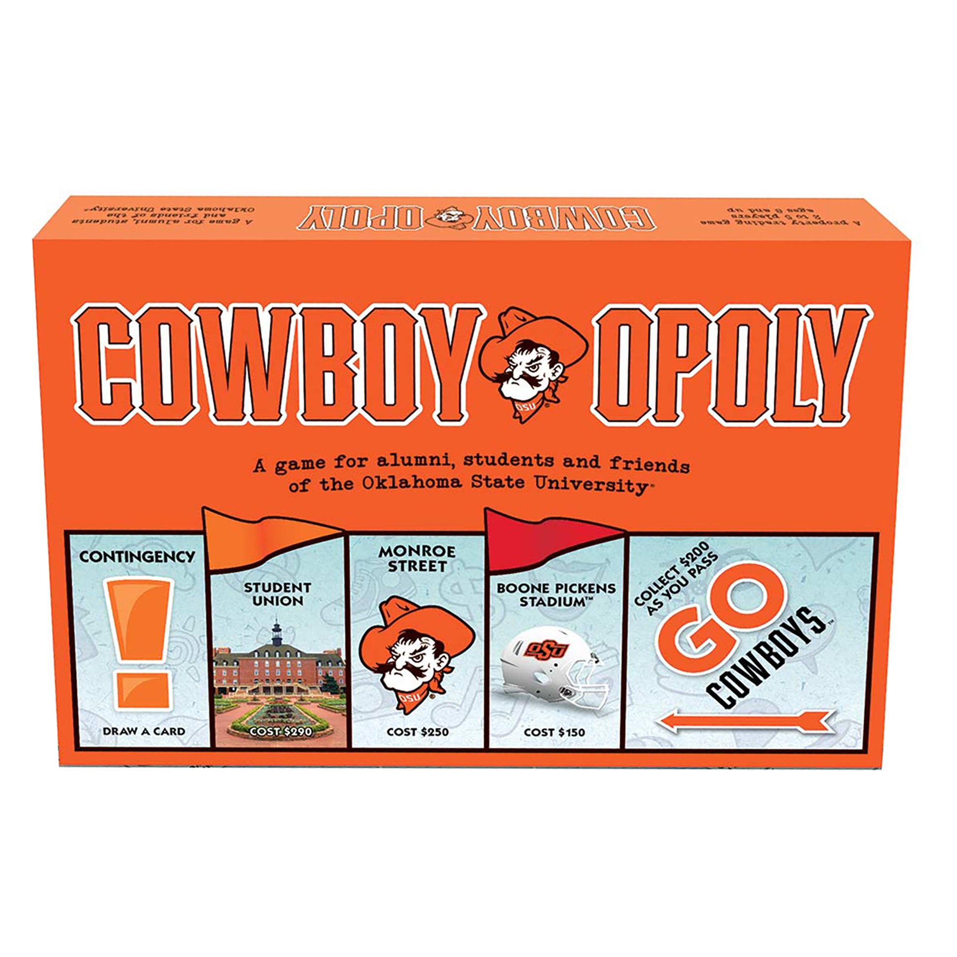 Cowboyopoly board game box featuring orange background with white lettering, cowboy mascot logo, and game spaces including Student Union, Monroe Street, Boone P