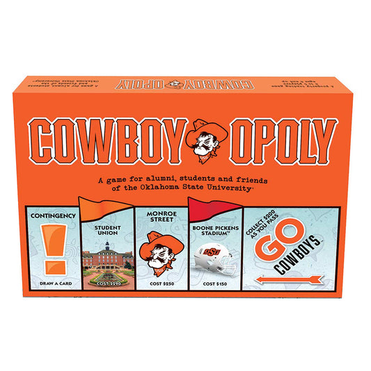 Cowboyopoly board game box featuring orange background with white lettering, cowboy mascot logo, and game spaces including Student Union, Monroe Street, Boone P