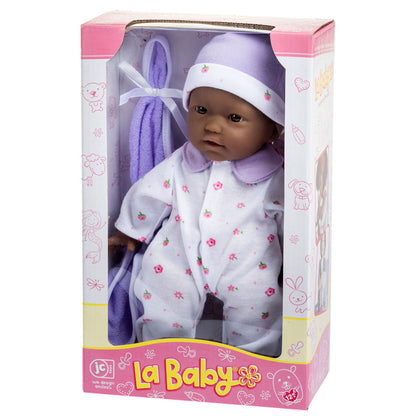 La Baby African American doll in white floral outfit with purple blanket and accessories