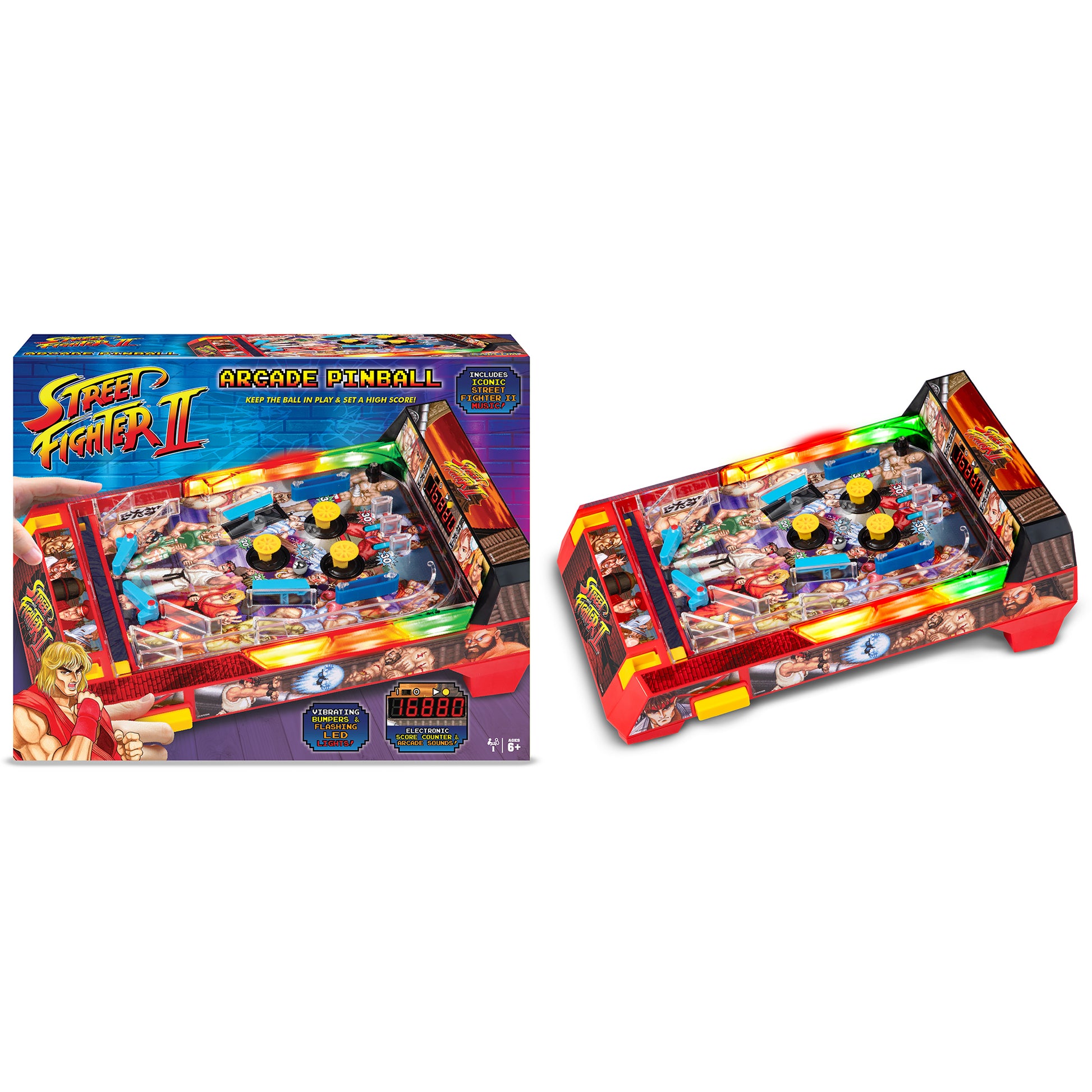 Street Fighter II Arcade Pinball game with LED lights, yellow flippers, and electronic scoreboard