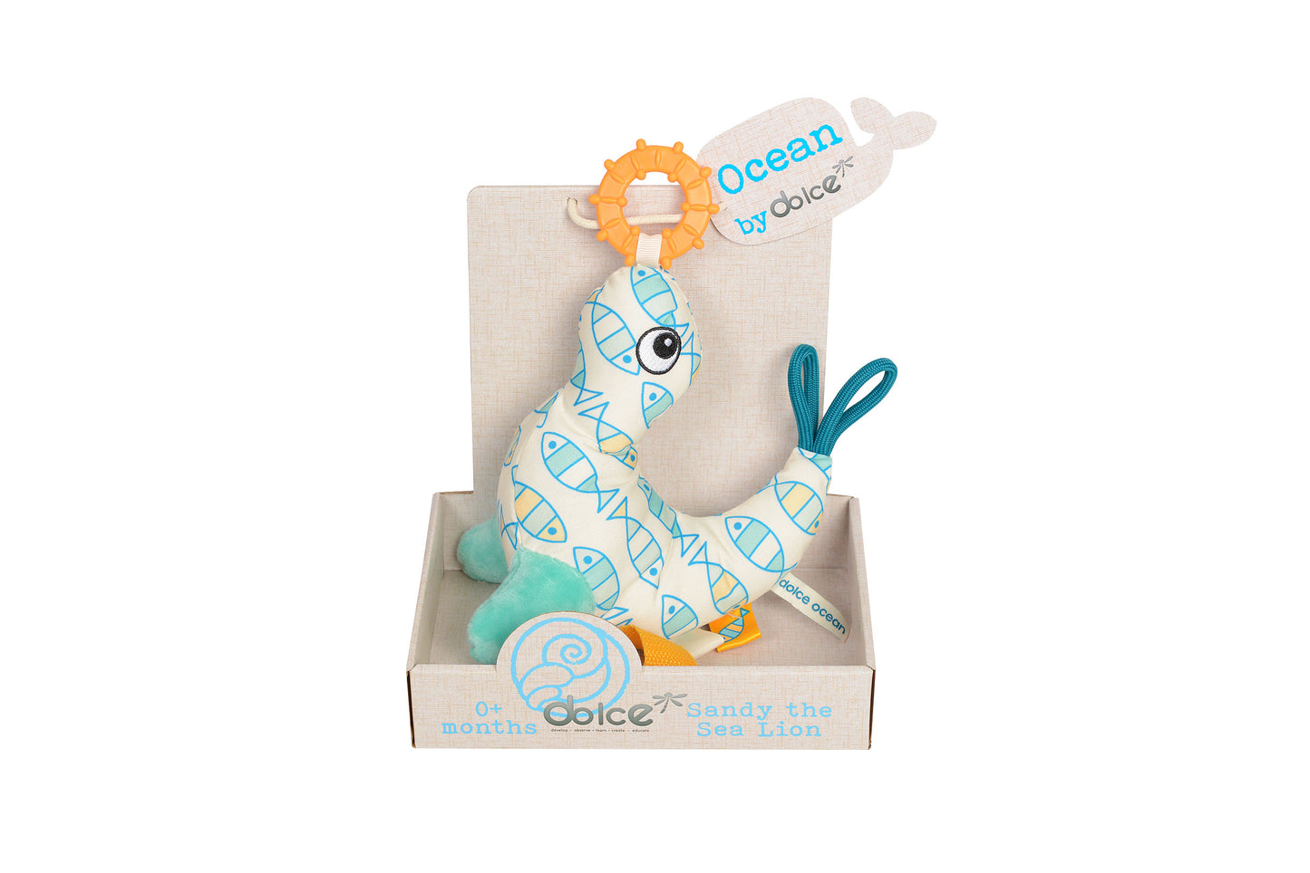 Sandy the Sea Lion plush toy by Dolce Ocean series in packaging, cream with blue fish pattern, orange ring teether attachment, for 0+ months