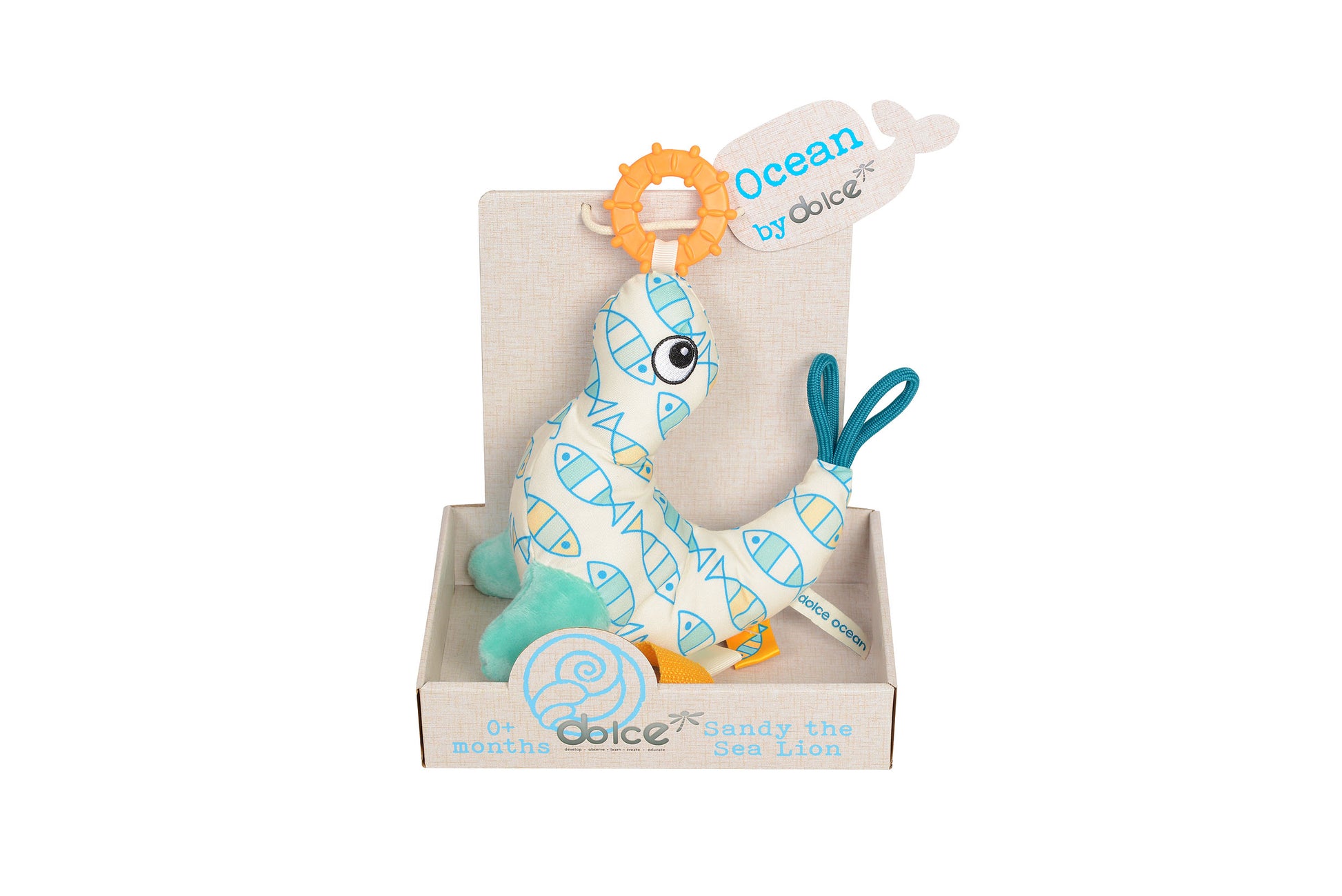 Sandy the Sea Lion plush toy by Dolce Ocean series in packaging, cream with blue fish pattern, orange ring teether attachment, for 0+ months