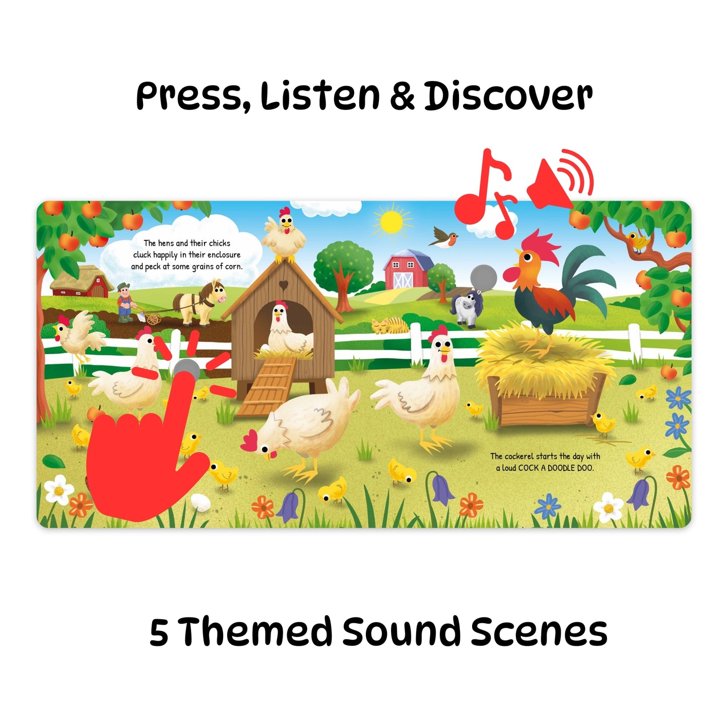 Listen & Discover On The Farm interactive book with colorful farm scene, sound buttons, and musical notes