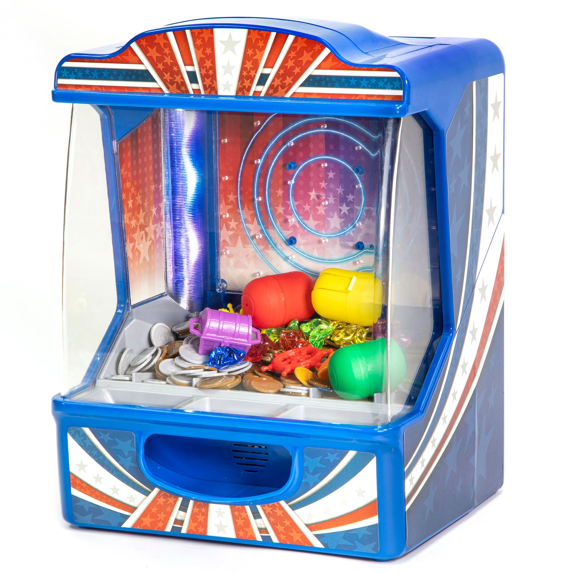 Retro Arcade Electronic Tabletop Coin Pusher Game with blue casing and Union Jack design
