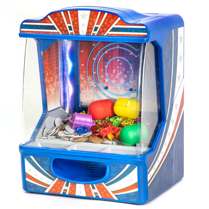 Retro Arcade Electronic Tabletop Coin Pusher Game with blue casing and Union Jack design
