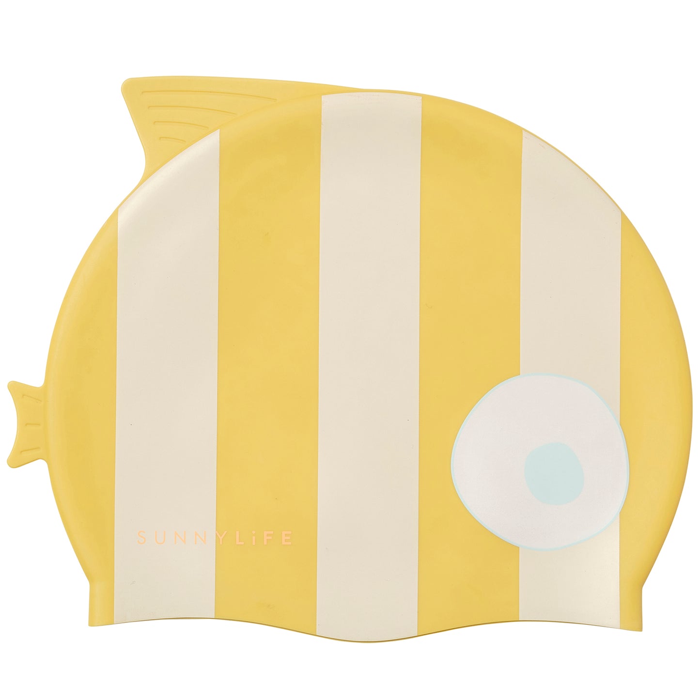 Yellow and white striped silicone swim cap shaped like a fish with a white eye detail, branded Sunnylife