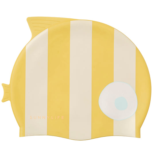 Yellow and white striped silicone swim cap shaped like a fish with a white eye detail, branded Sunnylife