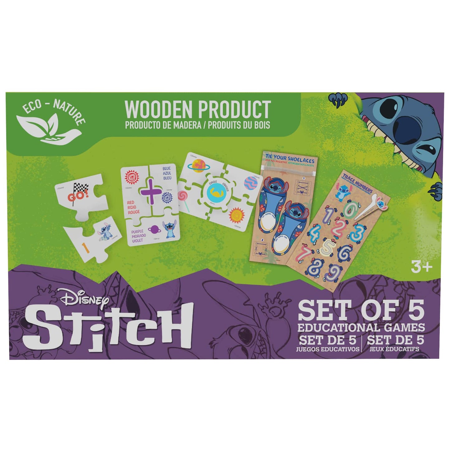 Disney Stitch wooden educational games set with 5 games including puzzles, color matching, shoelace tying, and number tracing activities for ages 3+