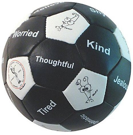 Black and white interactive learning ball with emotion words including Worried, Kind, Thoughtful, Tired, Jealous, and illustrated emotion faces on hexagonal pan
