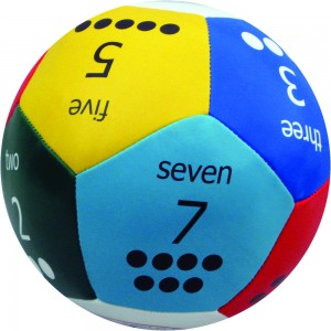 Multicolor soft ball with numbered panels showing digits and dot patterns for counting and number learning