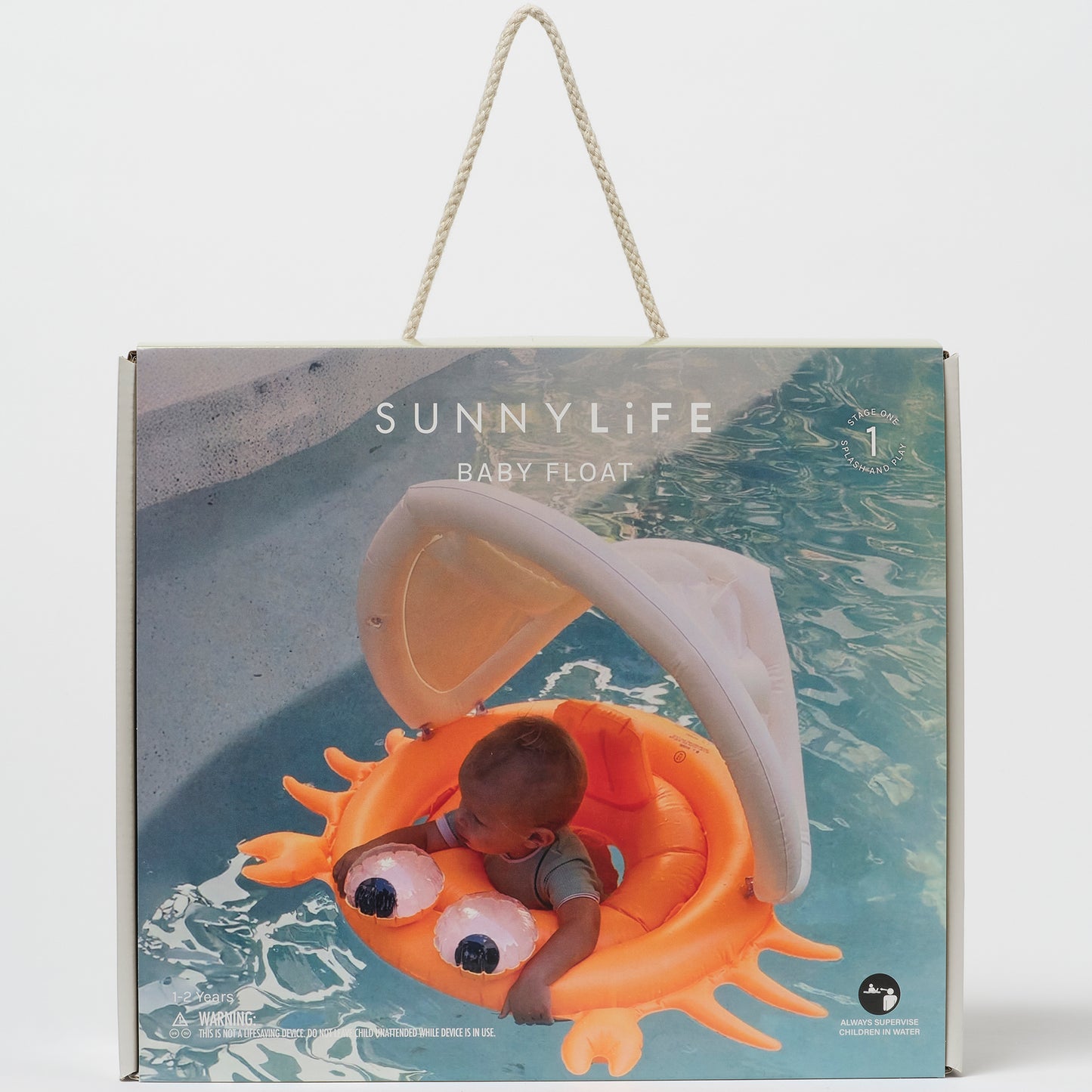 Sunnylife Baby Float Sonny Sea Creature neon orange with canopy in pool