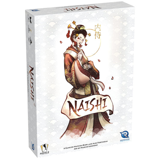 Naishi card game box featuring illustrated Asian woman in red and gold traditional dress against white patterned back...