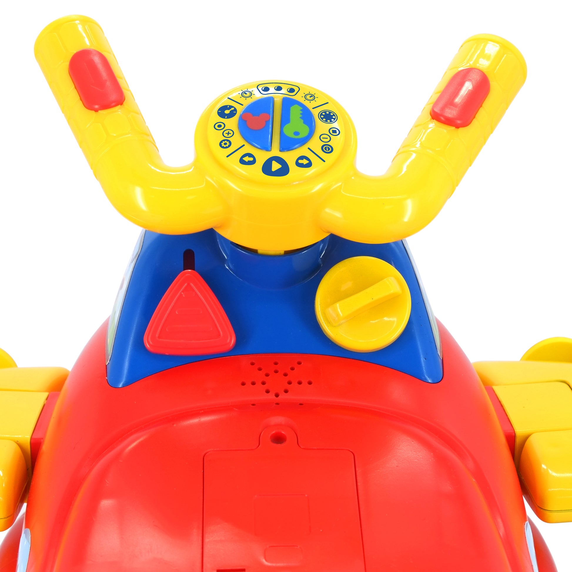 Activity Plane Ride-On Mickey toy with yellow arms, red body, blue controls, and interactive features