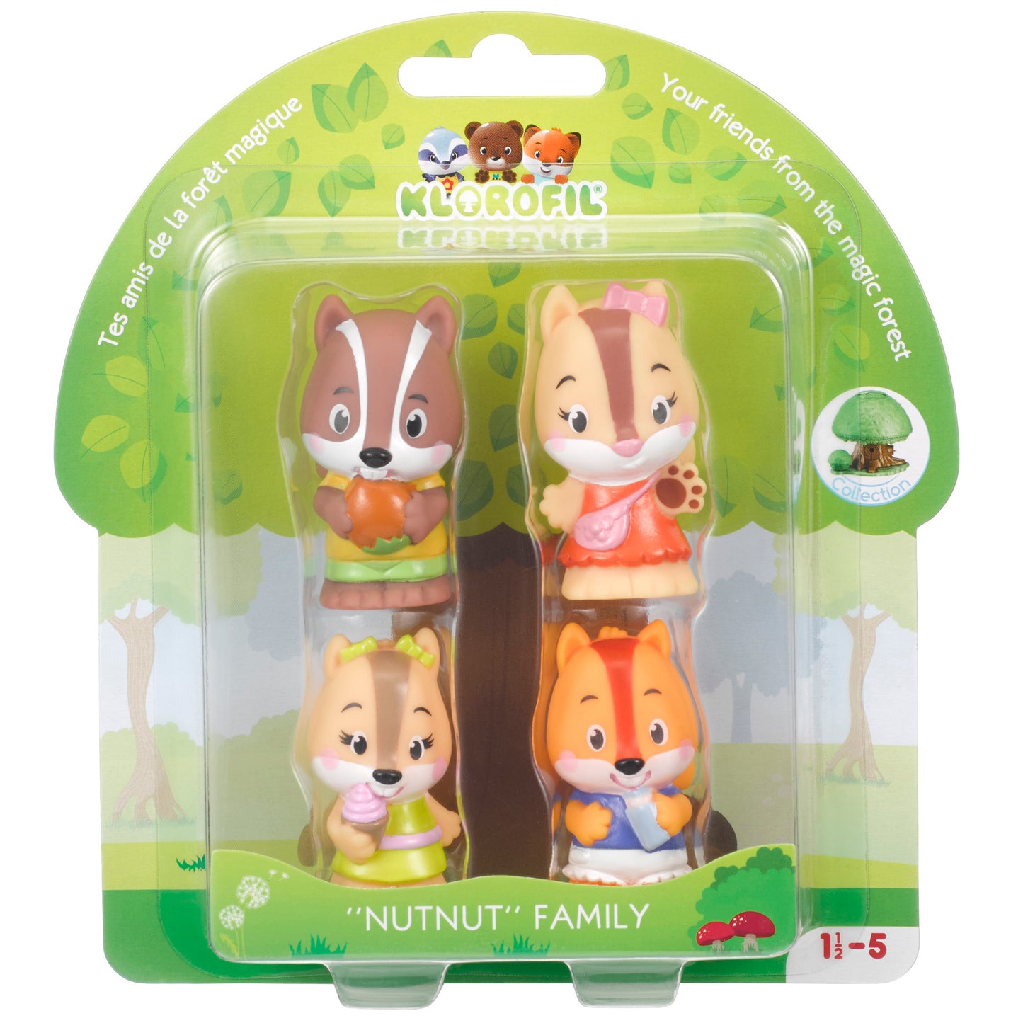 Nutnut Family four-pack chipmunk figures in clear plastic blister packaging on green forest-themed cardboard backing
