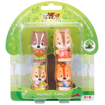 Nutnut Family four-pack chipmunk figures in clear plastic blister packaging on green forest-themed cardboard backing