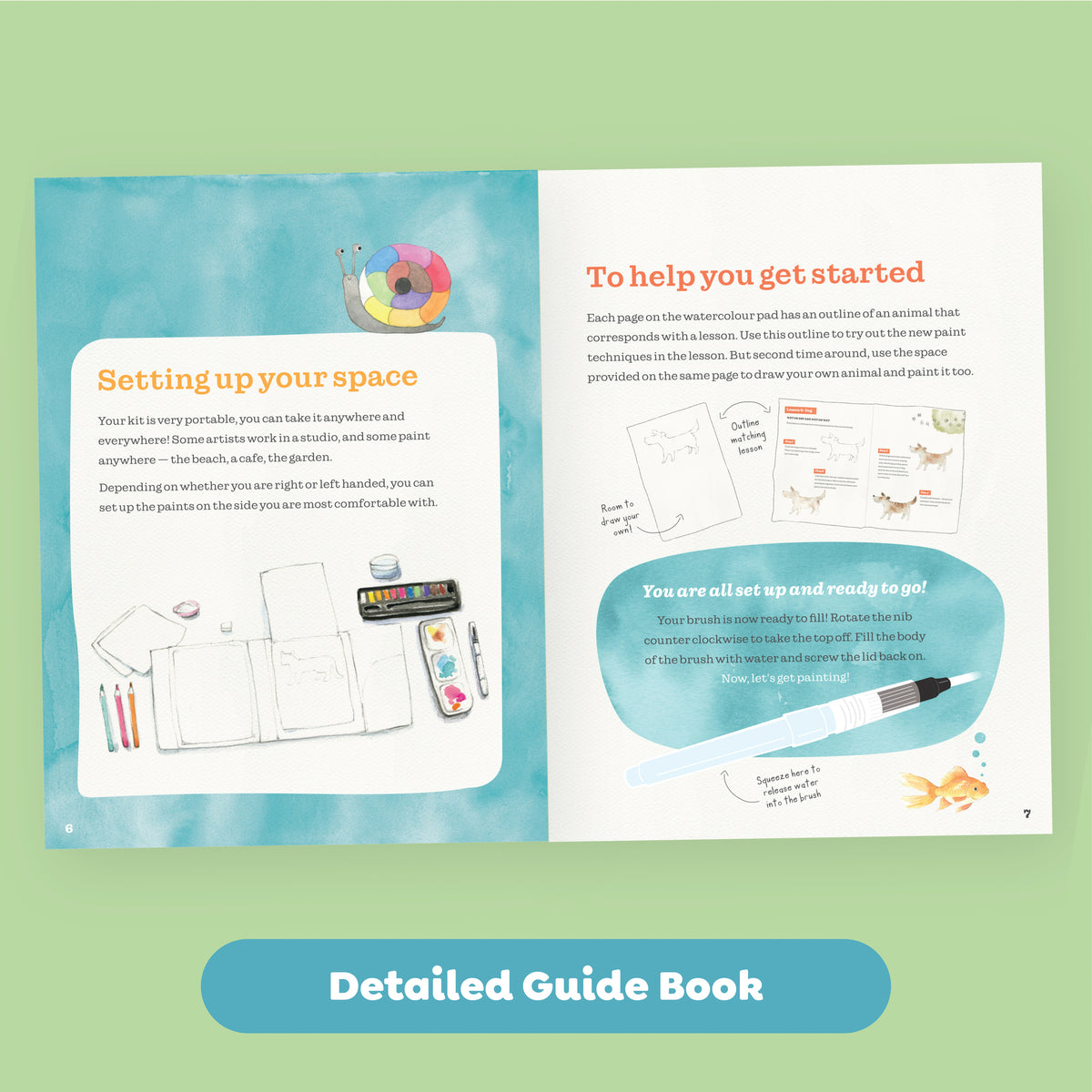 Tiger Tribe watercolor painting set guide book showing setup instructions and animal painting lessons