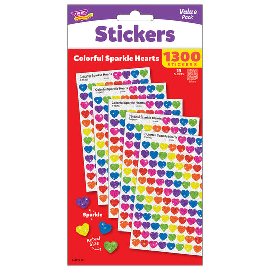 TREND Colorful Sparkle Hearts sticker pack containing 1300 stickers across 13 sheets, featuring multicolored heart-shaped stickers in red, pink, purple, blue, g
