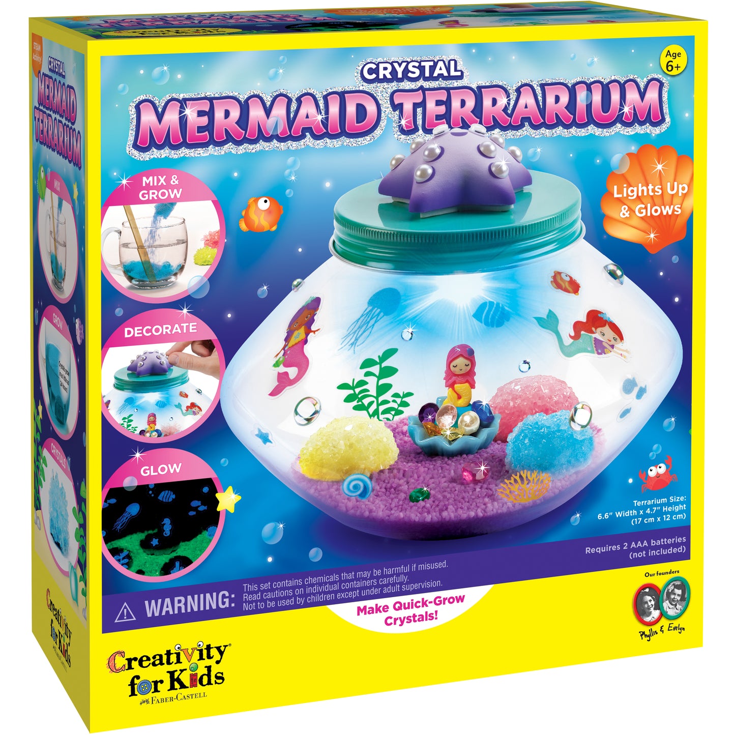 Crystal Mermaid Terrarium kit box showing dome-shaped terrarium with purple crystal top, mermaid figurine, colorful sand layers, and glowing underwater scene in