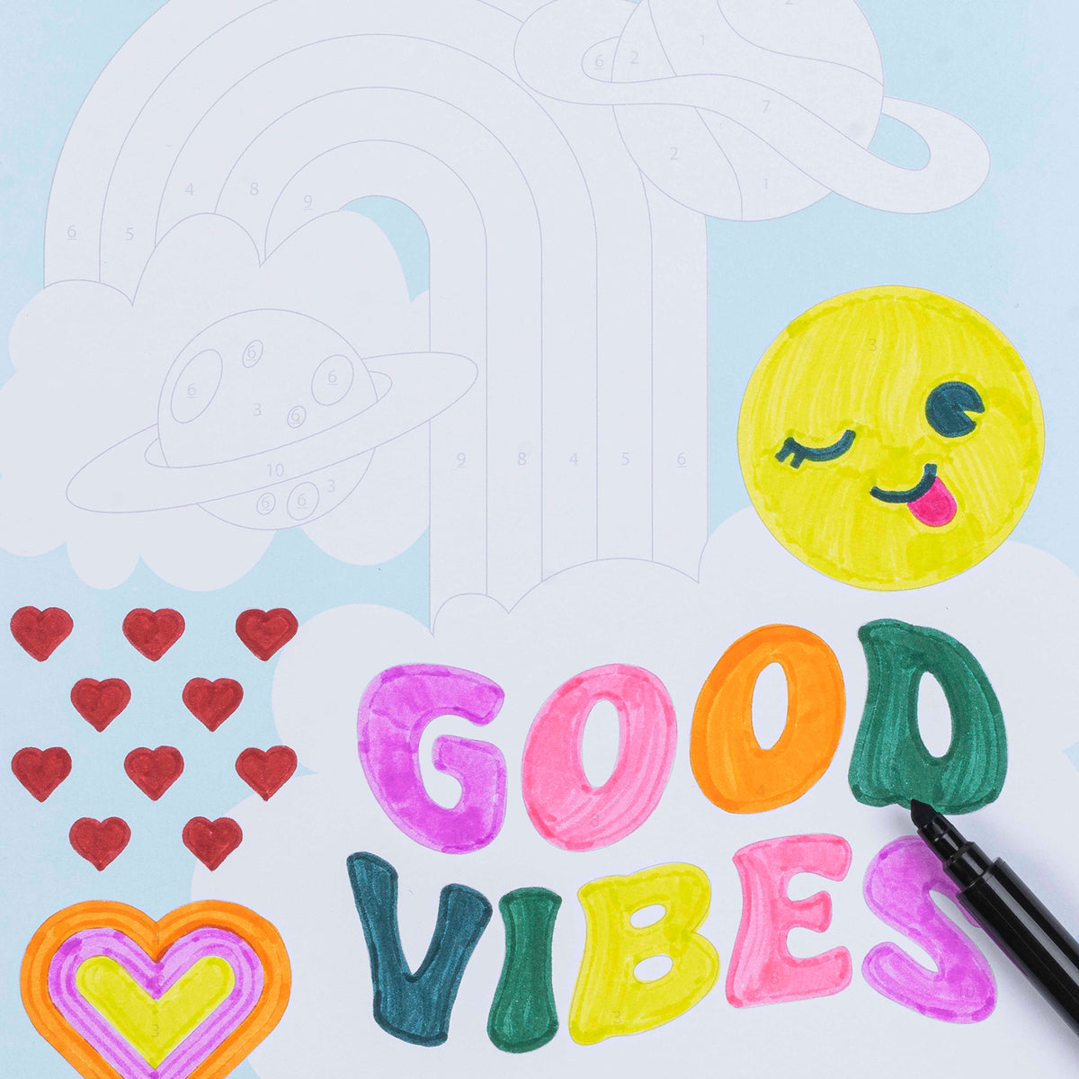 Marker Color By Number: Good Vibes activity set with colorful markers and numbered designs