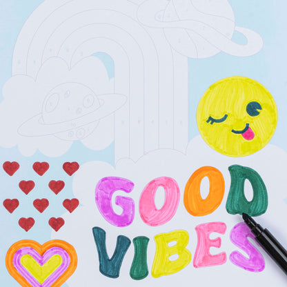 Marker Color By Number: Good Vibes activity set with colorful markers and numbered designs