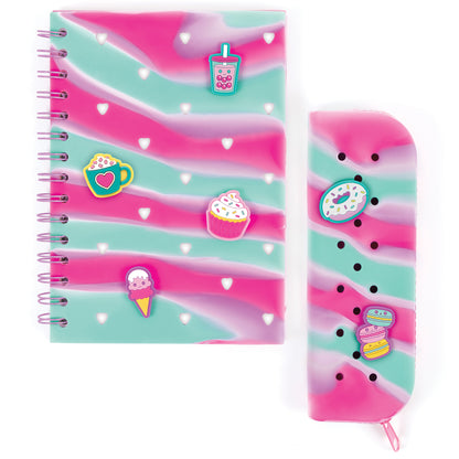 Glimmer & Glow Journal & Pencil Pouch Set in pink and teal with dessert charms