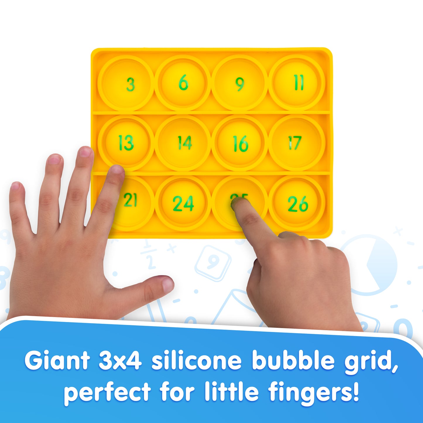 Pop Bingo Math yellow silicone bubble grid toy with numbered bubbles for kids