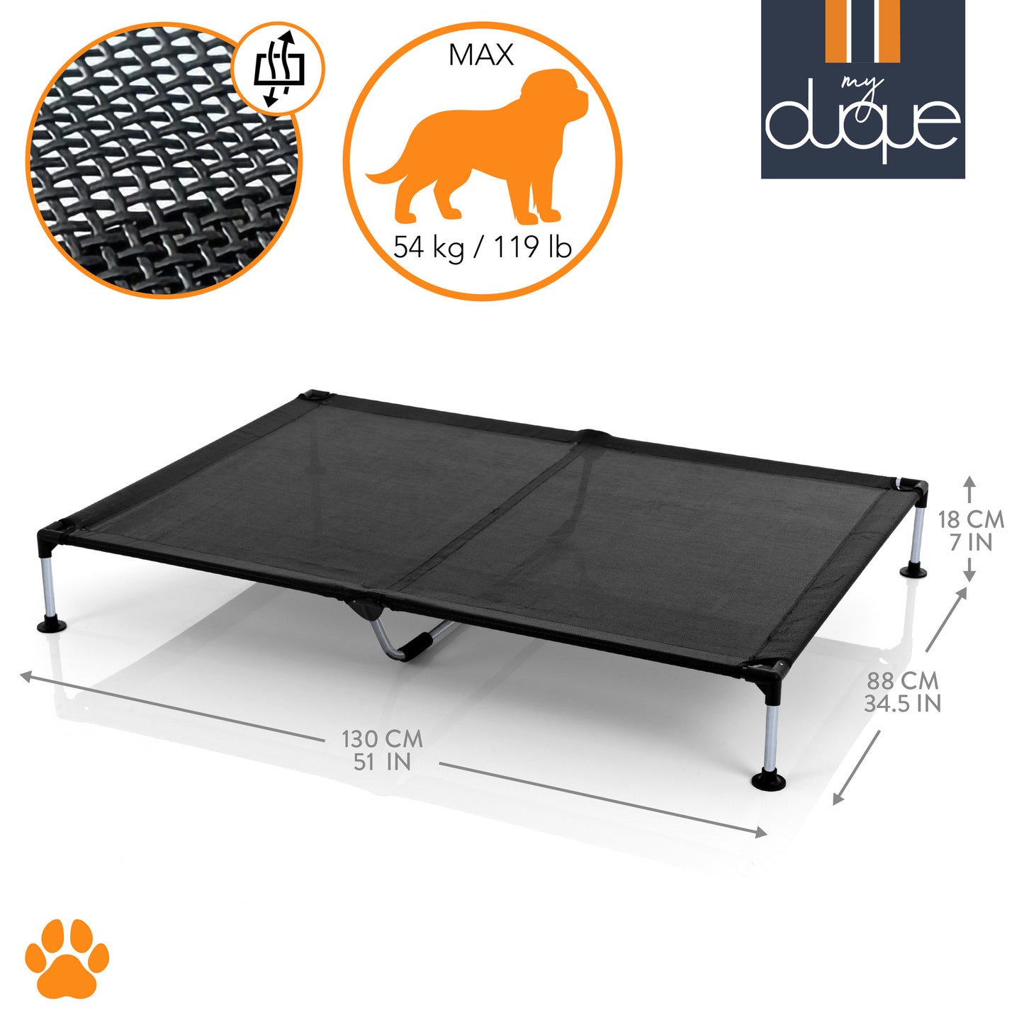 My Duque COOLA XLarge black pet bed for dogs up to 119lb with mesh cooling surface